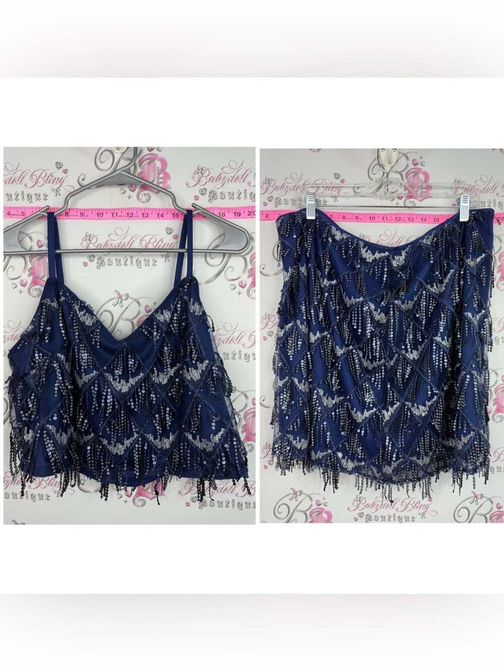 Cider SET 2 piece tank top and skirt tassle flapper Navy Sequin Fringe Tank Top